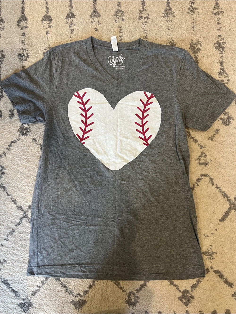 Bella Canvas Gray V-Neck Tee with White Baseball Heart and Red Stitching